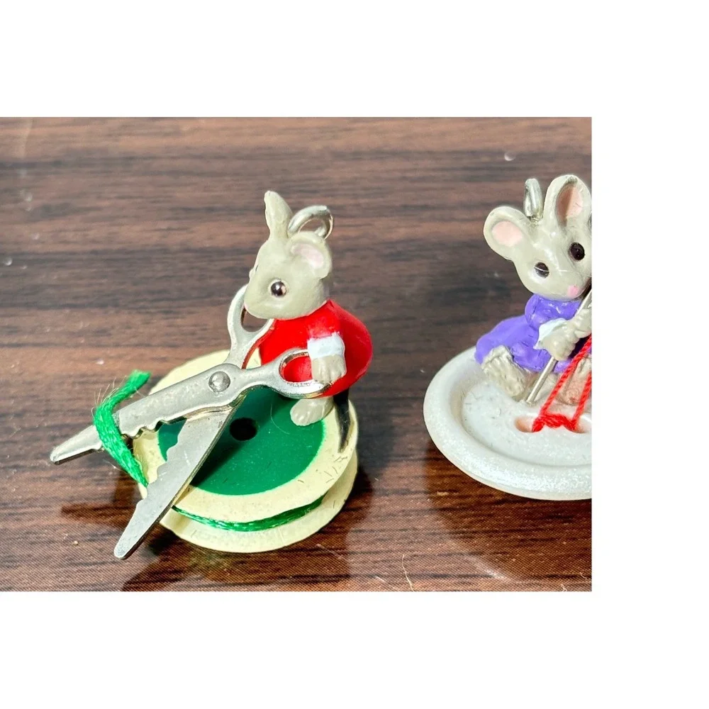 Vintage 1992 Hallmark Miniature Mouse Ornaments‎ Sewing Spool Button Set of 2
